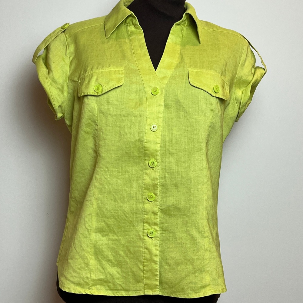 Sunny Leigh Petite Lime Green 100% Linen Button Up Utility Shirt PL Short Sleeve